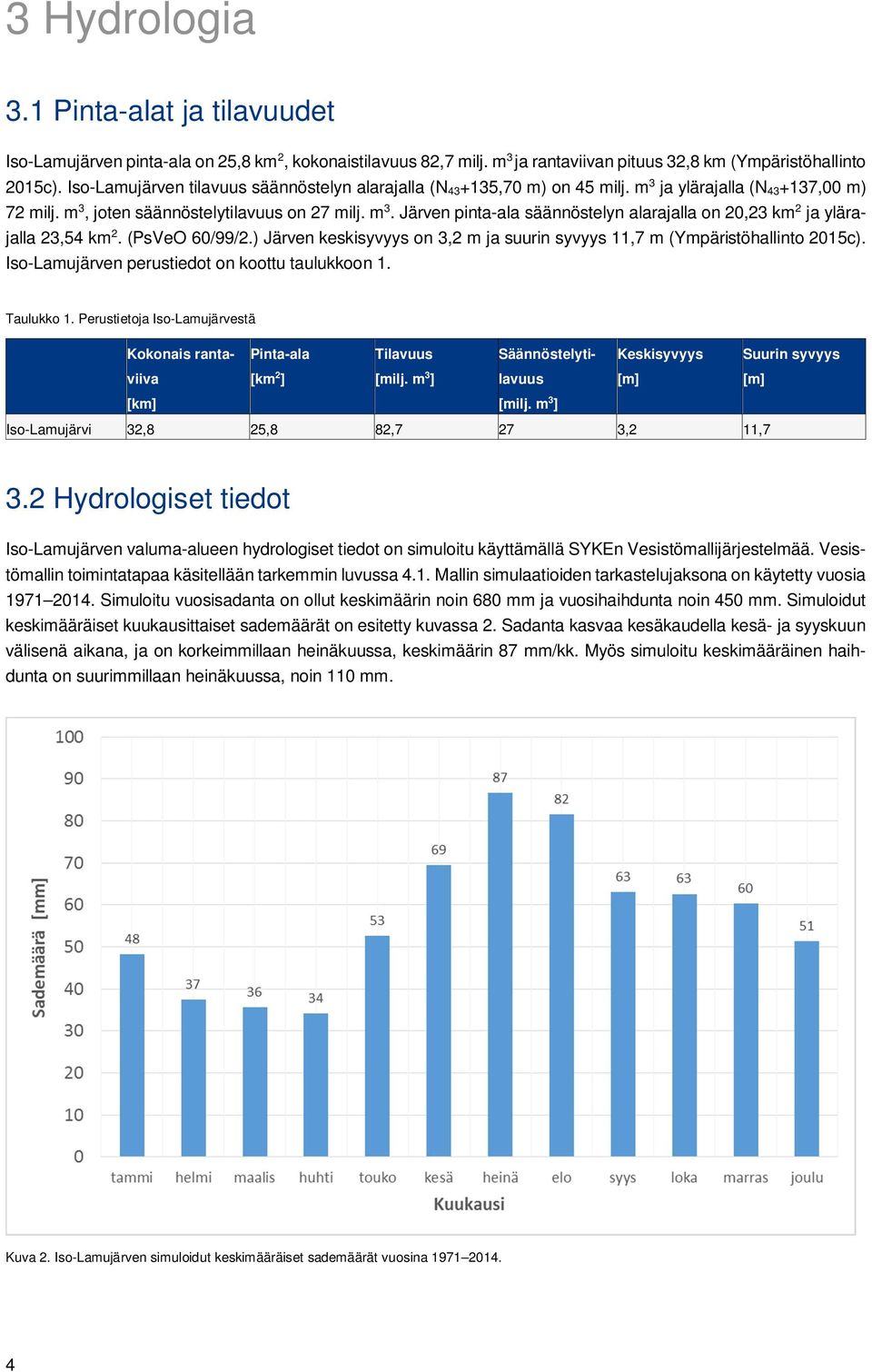 (PsVeO 60/99/2.) Järven keskisyvyys on 3,2 m ja suurin syvyys 11,7 m (Ympäristöhallinto 2015c). Iso-Lamujärven perustiedot on koottu taulukkoon 1. Taulukko 1.