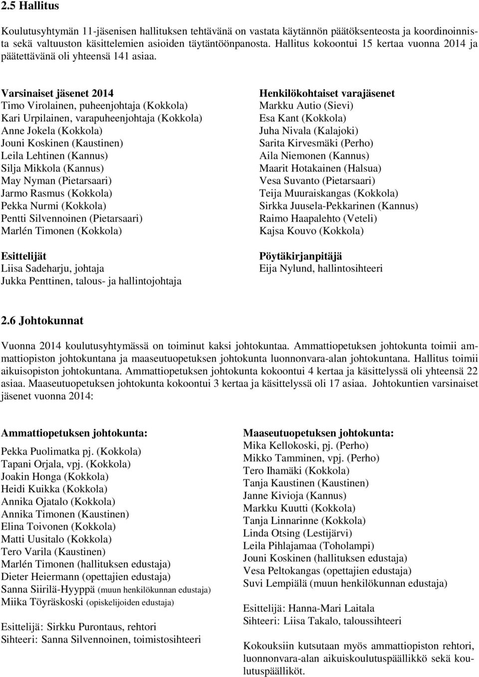 Varsinaiset jäsenet 2014 Timo Virolainen, puheenjohtaja (Kokkola) Kari Urpilainen, varapuheenjohtaja (Kokkola) Anne Jokela (Kokkola) Jouni Koskinen (Kaustinen) Leila Lehtinen (Kannus) Silja Mikkola