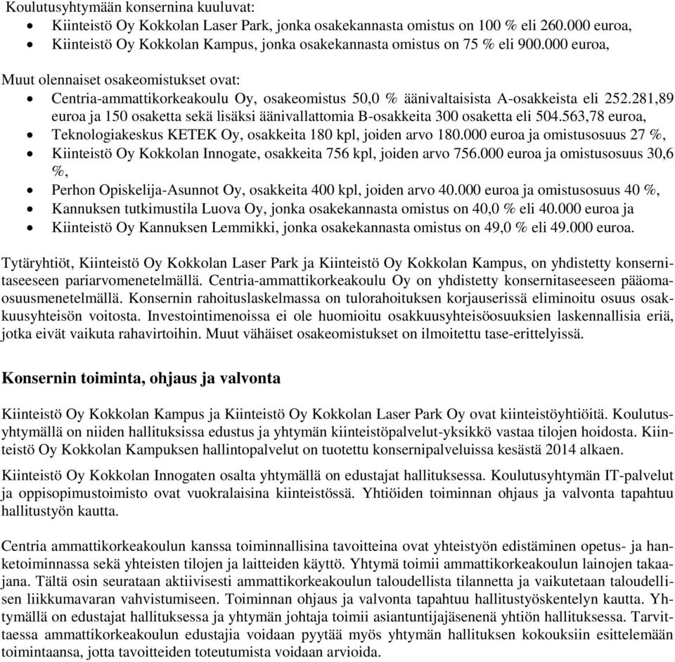 000 euroa, Muut olennaiset osakeomistukset ovat: Centria-ammattikorkeakoulu Oy, osakeomistus 50,0 % äänivaltaisista A-osakkeista eli 252.