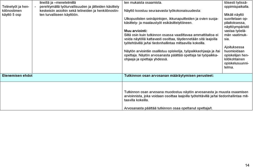 Muu arviointi: Siltä osin kuin tutkinnon osassa vaadittavaa ammattitaitoa ei voida näytöllä kattavasti osoittaa, täydennetään sitä laajoilla työtehtävillä ja/tai tiedonhallintaa mittaavilla kokeilla.