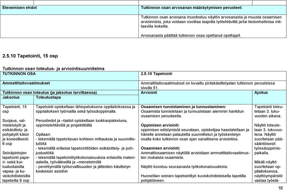 10 Tapetointi, 15 Tutkinnon osan toteutus- ja arviointisuunnitelma TUTKINNON OSA 2.5.10 Tapetointi Ammattitaitovaatimukset Ammattitaitovaatimukset on kuvattu pintakäsittelyalan tutkinnon perusteissa sivulla 51.