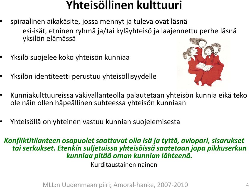 eikä teko ole näin ollen häpeällinen suhteessa yhteisön kunniaan Yhteisöllä on yhteinen vastuu kunnian suojelemisesta Konfliktitilanteen osapuolet saattavat olla