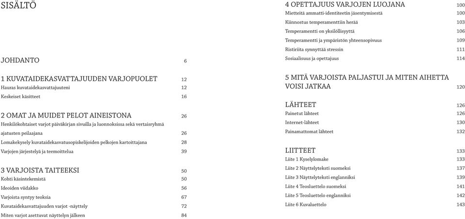 JA MITEN AIHETTA VOISI JATKAA 120 Keskeiset käsitteet 16 2 OMAT JA MUIDET PELOT AINEISTONA 26 Henkilökohtaiset varjot päiväkirjan sivuilla ja luonnoksissa sekä vertaisryhmä ajatusten peilaajana 26