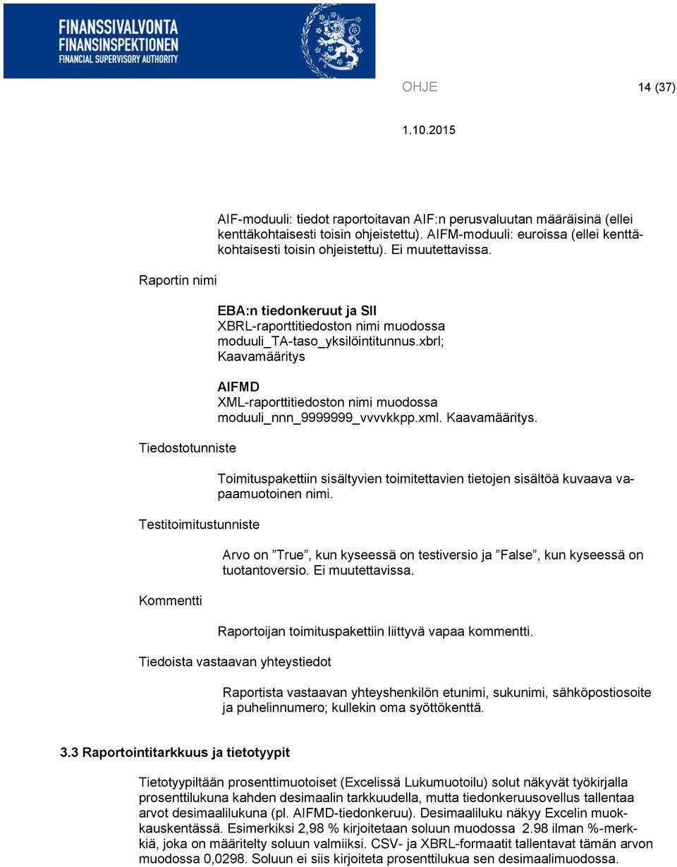 xbrl; Kaavamääritys AIFMD XML-raporttitiedoston nimi muodossa moduuli_nnn_9999999_vvvvkkpp.xml. Kaavamääritys. Toimituspakettiin sisältyvien toimitettavien tietojen sisältöä kuvaava vapaamuotoinen nimi.