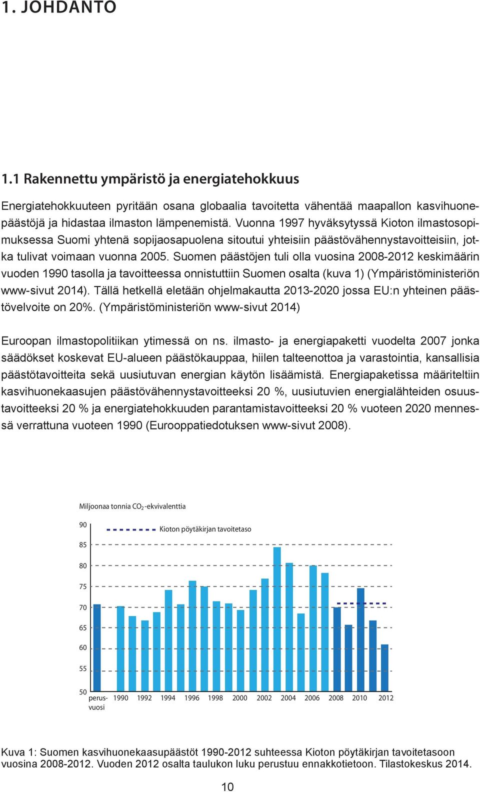 Suomen päästöjen tuli olla vuosina 2008-2012 keskimäärin vuoden 1990 tasolla ja tavoitteessa onnistuttiin Suomen osalta (kuva 1) (Ympäristöministeriön www-sivut 2014).