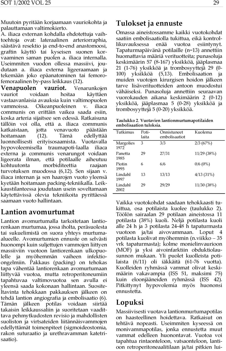 iliaca internalla. Useimmiten vuodon ollessa massiivi, joudutaan a. iliaca externa ligeeraamaan ja tekemään joko epäanatominen tai femorofemoraalinen by-pass leikkaus (12). Venapuolen vauriot.