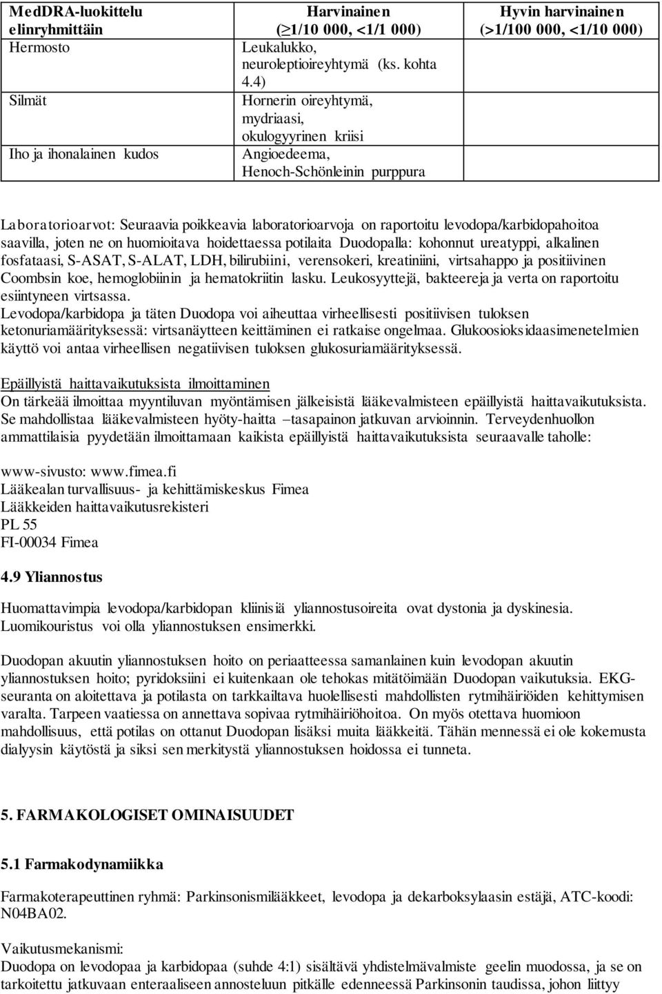 raportoitu levodopa/karbidopahoitoa saavilla, joten ne on huomioitava hoidettaessa potilaita Duodopalla: kohonnut ureatyppi, alkalinen fosfataasi, S-ASAT, S-ALAT, LDH, bilirubiini, verensokeri,