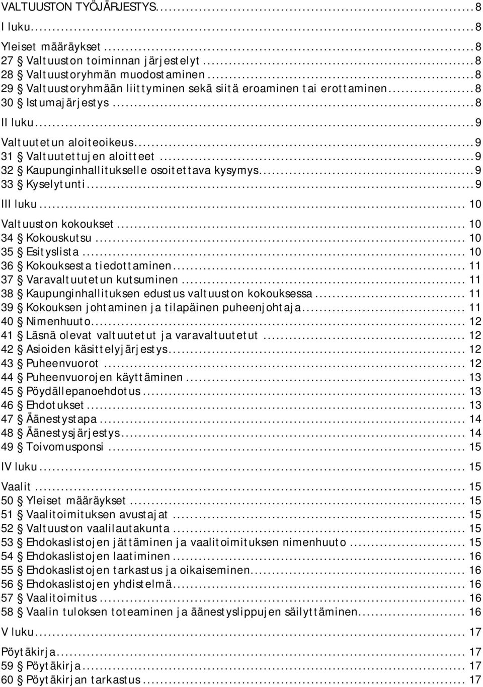 .. 9 32 Kaupunginhallitukselle osoitettava kysymys... 9 33 Kyselytunti... 9 III luku... 10 Valtuuston kokoukset... 10 34 Kokouskutsu... 10 35 Esityslista... 10 36 Kokouksesta tiedottaminen.
