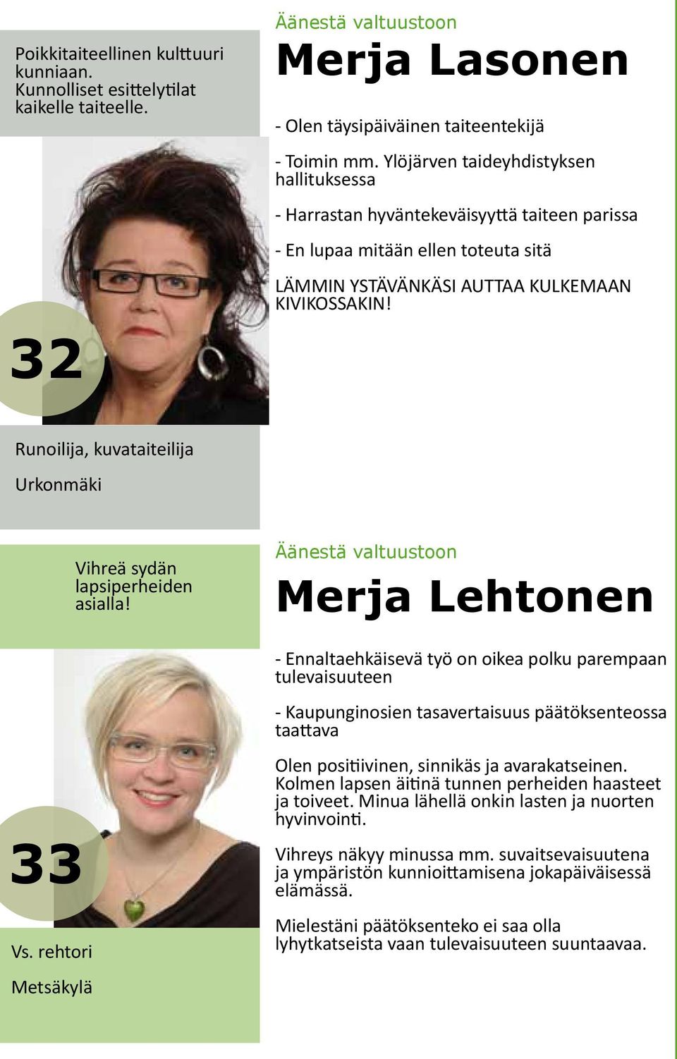 Runoilija, kuvataiteilija Urkonmäki 33 Vs. rehtori Metsäkylä Vihreä sydän lapsiperheiden asialla!
