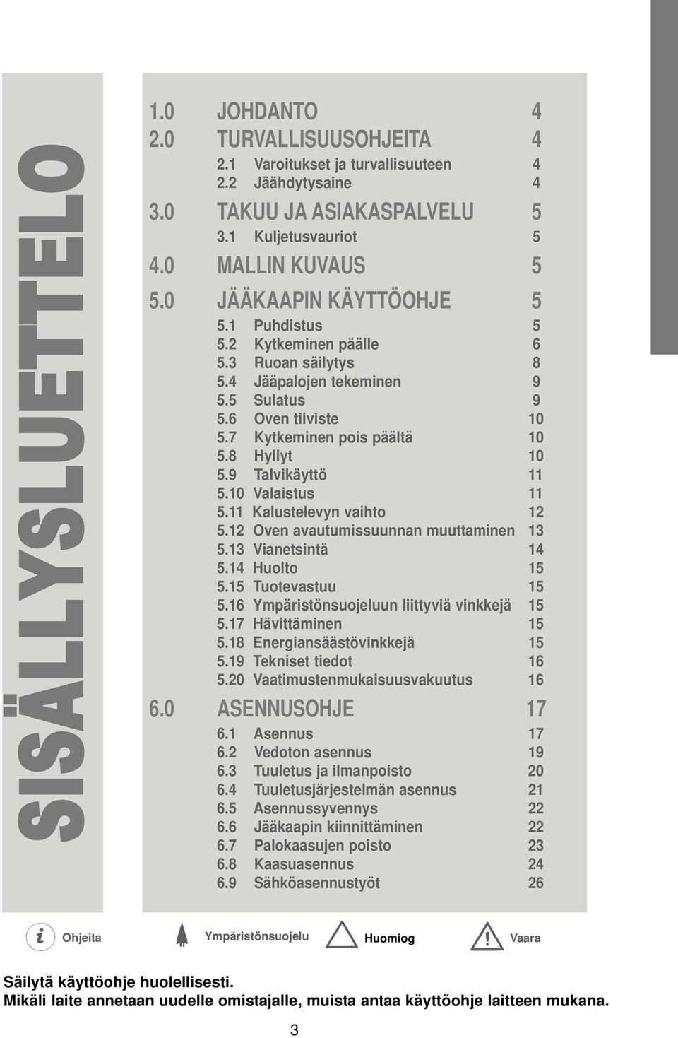 9 Talvikäyttö 11 5.10 Valaistus 11 5.11 Kalustelevyn vaihto 12 5.12 Oven avautumissuunnan muuttaminen 13 5.13 Vianetsintä 14 5.14 Huolto 15 5.15 Tuotevastuu 15 5.