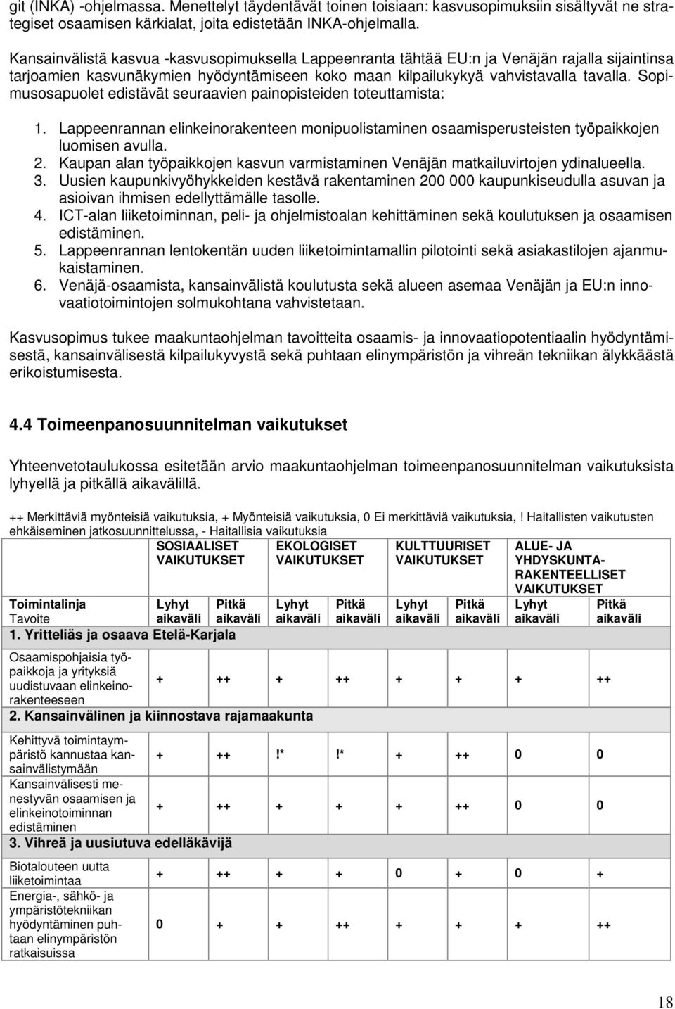 Sopimusosapuolet edistävät seuraavien painopisteiden toteuttamista: 1. Lappeenrannan elinkeinorakenteen monipuolistaminen osaamisperusteisten työpaikkojen luomisen avulla. 2.