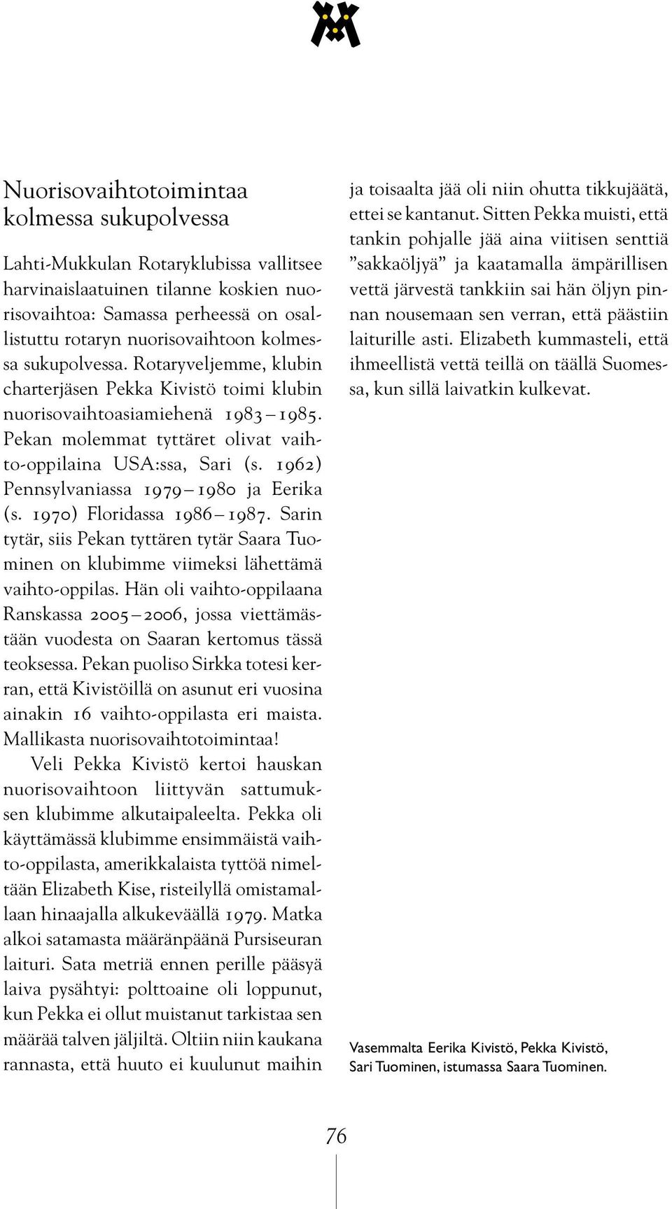 1962) Pennsylvaniassa 1979 1980 ja Eerika (s. 1970) Floridassa 1986 1987. Sarin tytär, siis Pekan tyttären tytär Saara Tuominen on klubimme viimeksi lähettämä vaihto-oppilas.