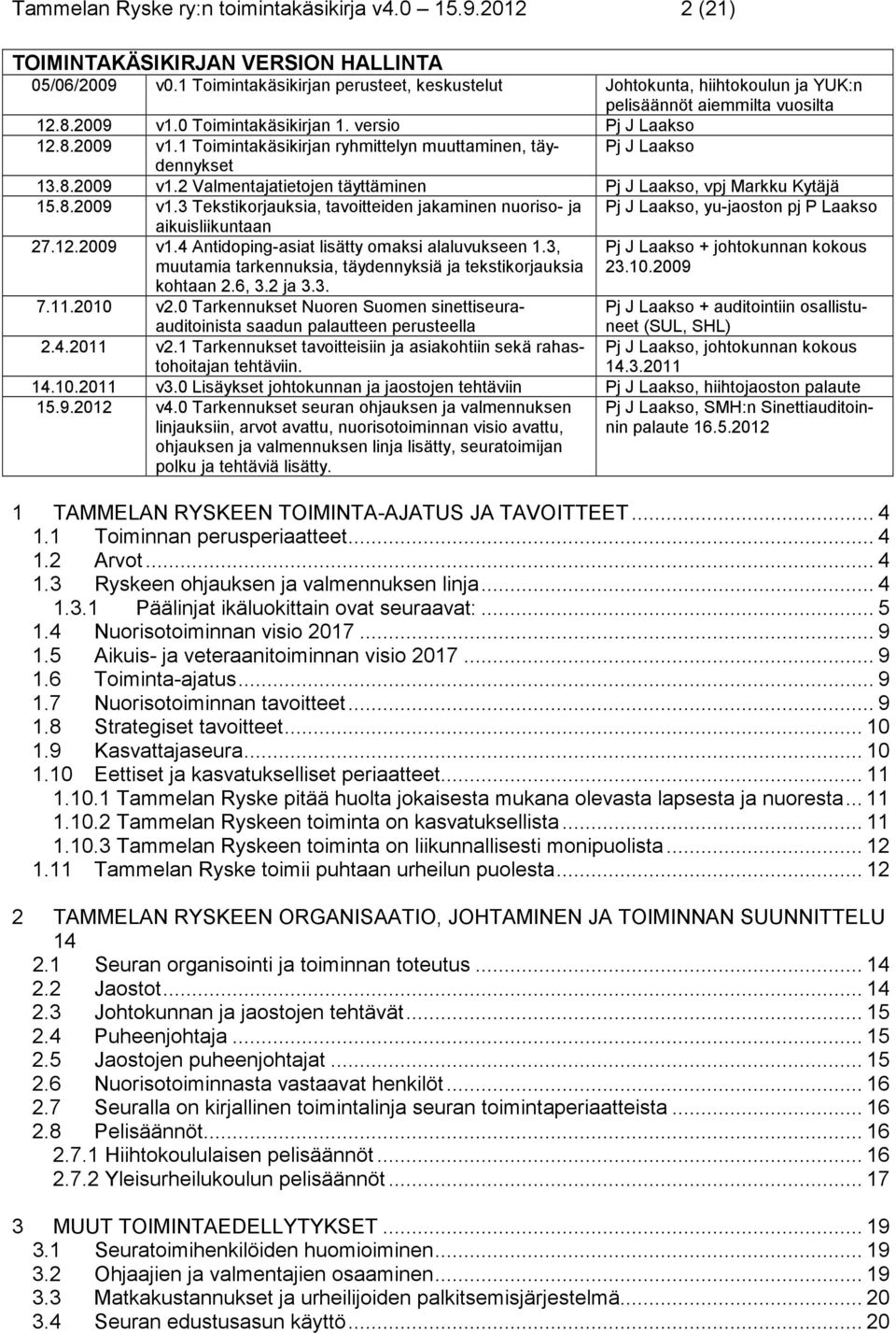 8.2009 v1.2 Valmentajatietojen täyttäminen Pj J Laakso, vpj Markku Kytäjä 15.8.2009 v1.3 Tekstikorjauksia, tavoitteiden jakaminen nuoriso- ja Pj J Laakso, yu-jaoston pj P Laakso aikuisliikuntaan 27.