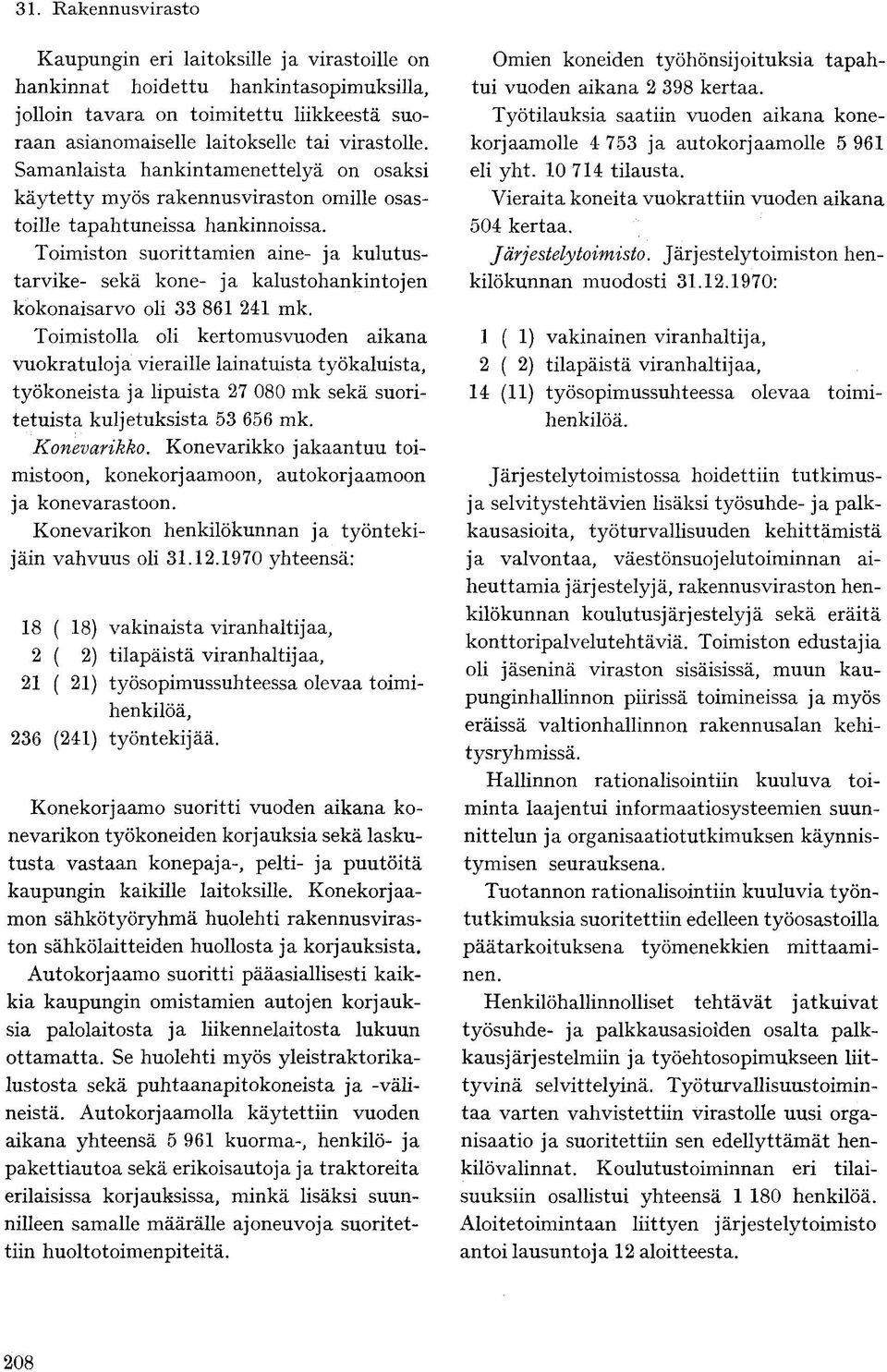 Toimiston suorittamien aine- ja kulutustarvike- sekä kone- ja kalustohankintojen kokonaisarvo oli 33 861 241 mk.