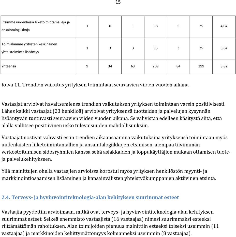 Lähes kaikki vastaajat (23 henkilöä) arvioivat yrityksensä tuotteiden ja palvelujen kysynnän lisääntyvän tuntuvasti seuraavien viiden vuoden aikana.