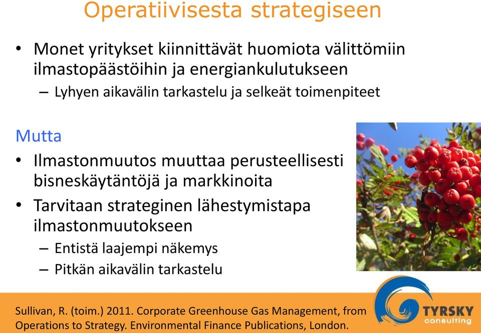 markkinoita Tarvitaan strateginen lähestymistapa ilmastonmuutokseen Entistä laajempi näkemys Pitkän aikavälin tarkastelu