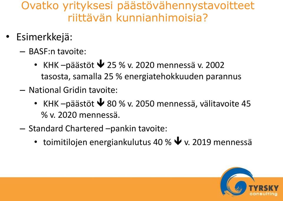 2002 tasosta, samalla 25 % energiatehokkuuden parannus National Gridin tavoite: KHK päästöt