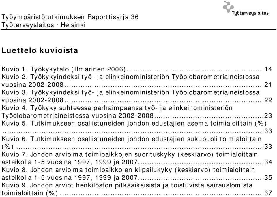 ..22 Kuvio 4. Työkyky suhteessa parhaimpaansa työ- ja elinkeinoministeriön Työolobarometriaineistossa vuosina 2002-2008...23 Kuvio 5.