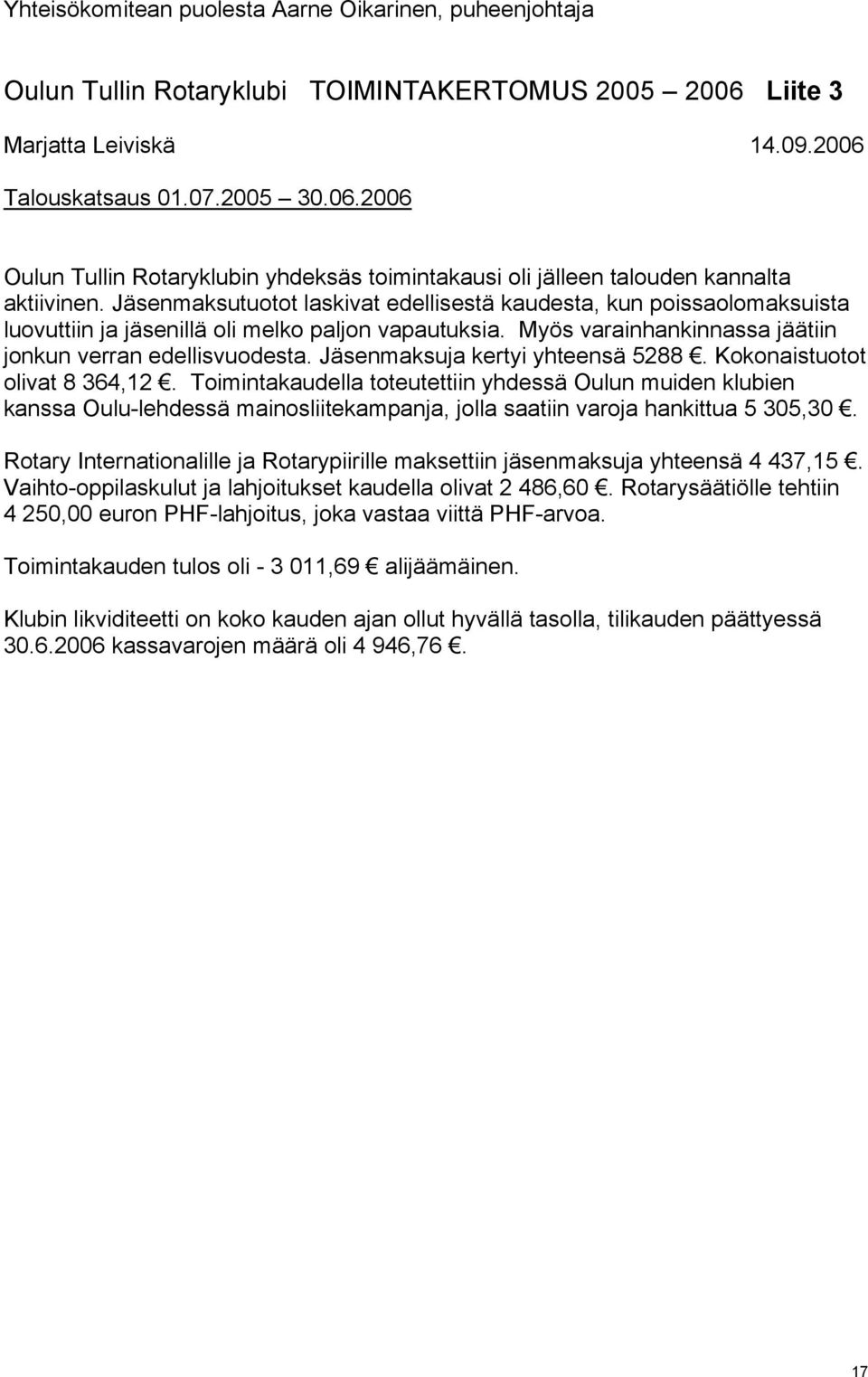 Jäsenmaksutuotot laskivat edellisestä kaudesta, kun poissaolomaksuista luovuttiin ja jäsenillä oli melko paljon vapautuksia. Myös varainhankinnassa jäätiin jonkun verran edellisvuodesta.