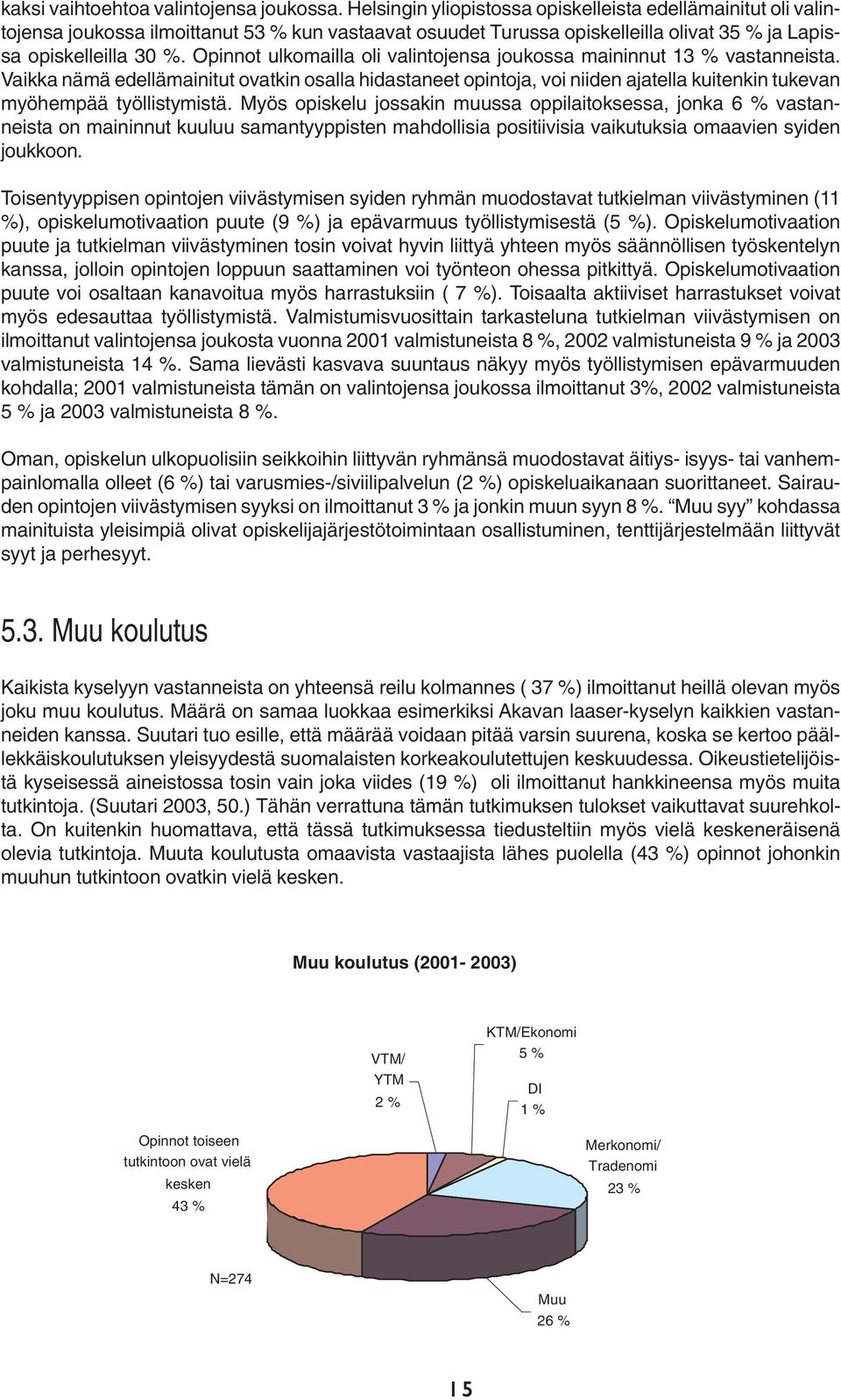 Opinnot ulkomailla oli valintojensa joukossa maininnut 3 % vastanneista. Vaikka nämä edellämainitut ovatkin osalla hidastaneet opintoja, voi niiden ajatella kuitenkin tukevan myöhempää työllistymistä.