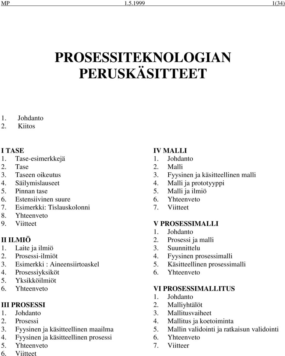 Johdanto 2. Prosessi 3. Fyysinen ja käsitteellinen maailma 4. Fyysinen ja käsitteellinen prosessi 5. Yhteenveto 6. Viitteet IV MALLI 1. Johdanto 2. Malli 3. Fyysinen ja käsitteellinen malli 4.