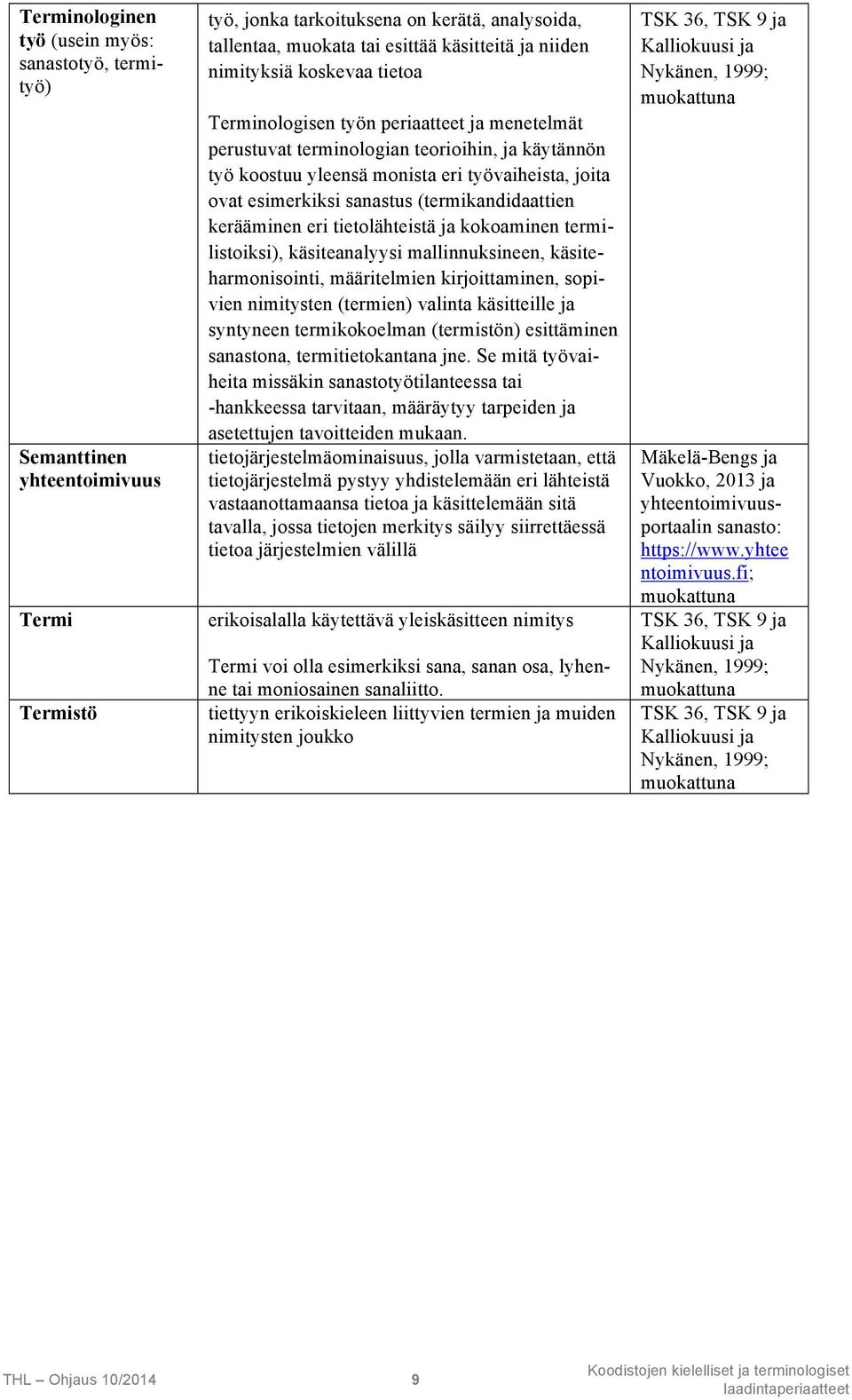 sanastus (termikandidaattien kerääminen eri tietolähteistä ja kokoaminen termilistoiksi), käsiteanalyysi mallinnuksineen, käsiteharmonisointi, määritelmien kirjoittaminen, sopivien nimitysten