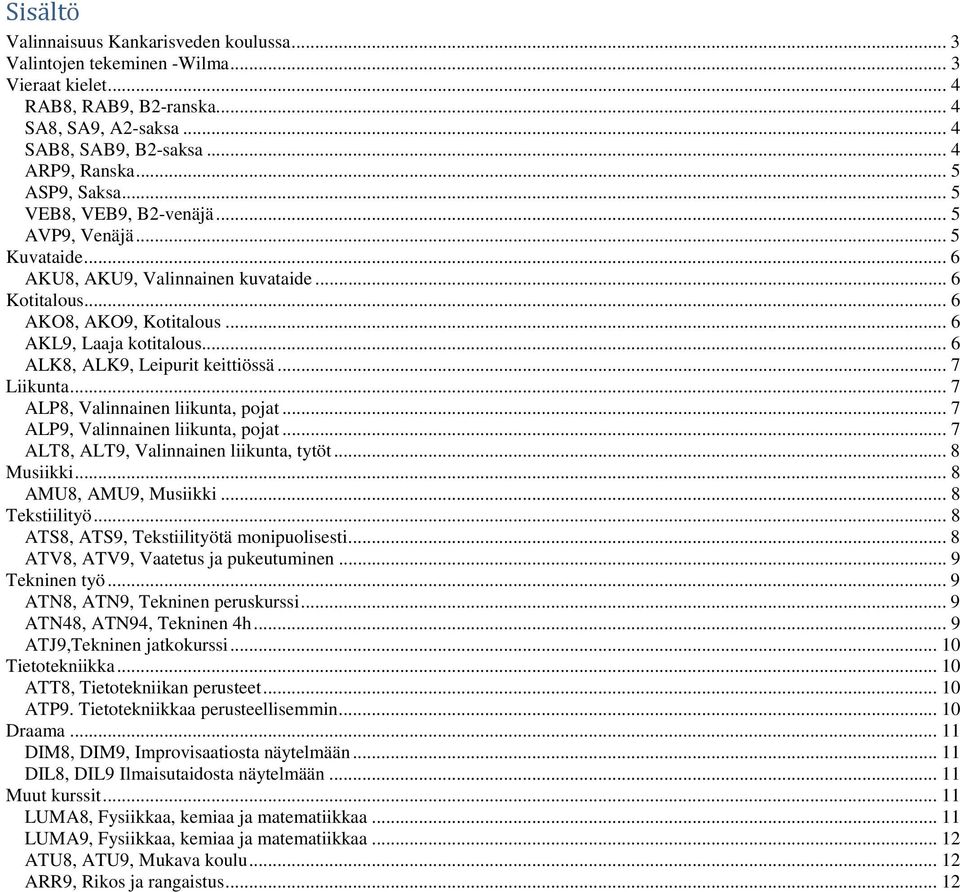 .. 6 ALK8, ALK9, Leipurit keittiössä... 7 Liikunta... 7 ALP8, Valinnainen liikunta, pojat... 7 ALP9, Valinnainen liikunta, pojat... 7 ALT8, ALT9, Valinnainen liikunta, tytöt... 8 Musiikki.