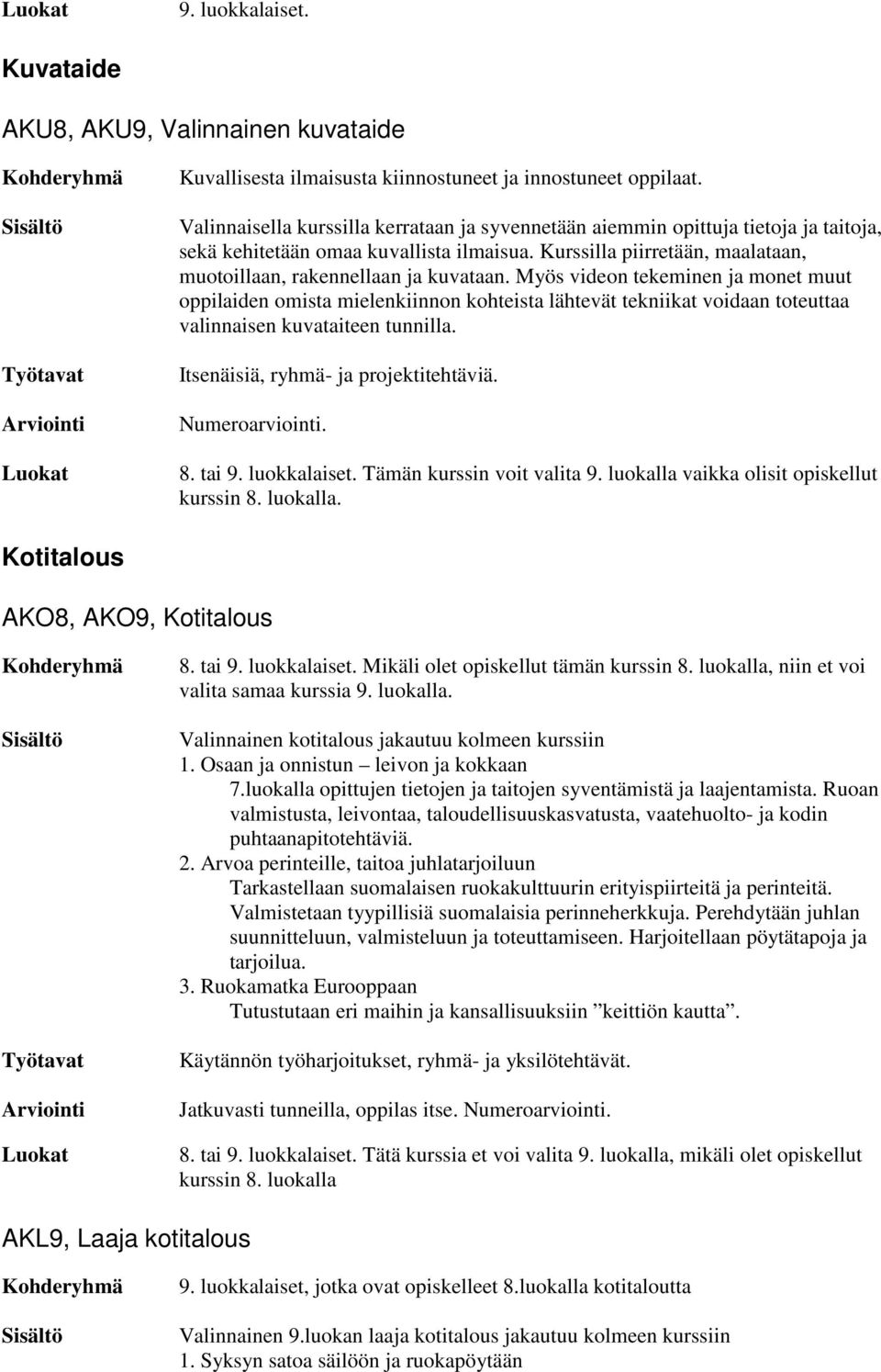 Myös videon tekeminen ja monet muut oppilaiden omista mielenkiinnon kohteista lähtevät tekniikat voidaan toteuttaa valinnaisen kuvataiteen tunnilla. Itsenäisiä, ryhmä- ja projektitehtäviä. 8. tai 9.