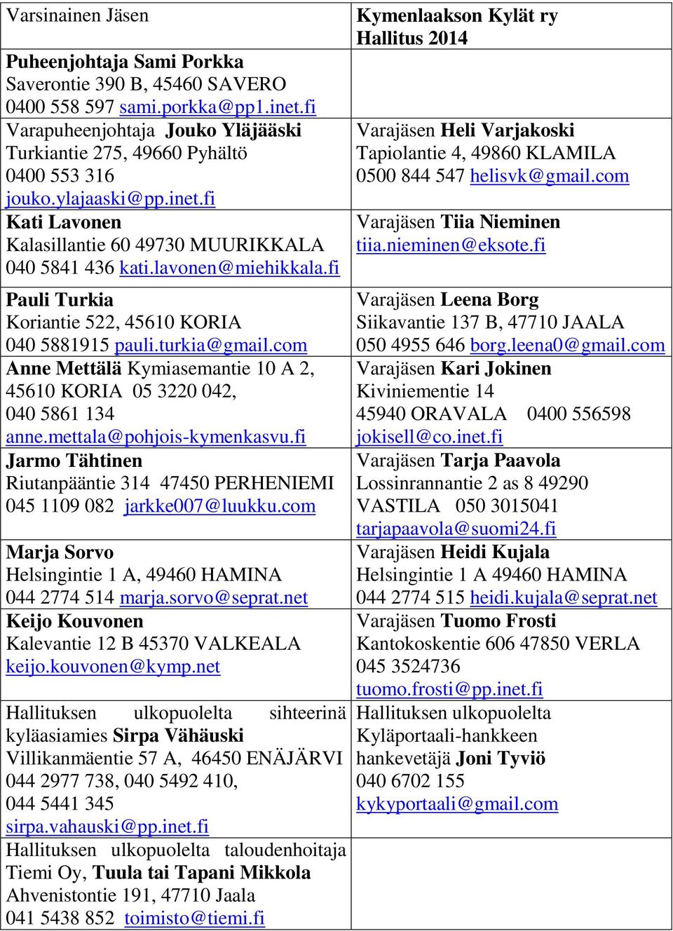 com Anne Mettälä Kymiasemantie 10 A 2, 45610 KORIA 05 3220 042, 040 5861 134 anne.mettala@pohjois-kymenkasvu.fi Jarmo Tähtinen Riutanpääntie 314 47450 PERHENIEMI 045 1109 082 jarkke007@luukku.