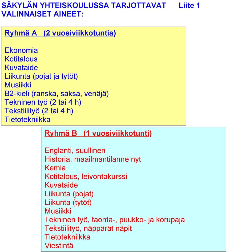 Tietotekniikka Ryhmä B (1 vuosiviikkotunti) Englanti, suullinen Historia, maailmantilanne nyt Kemia Kotitalous, leivontakurssi