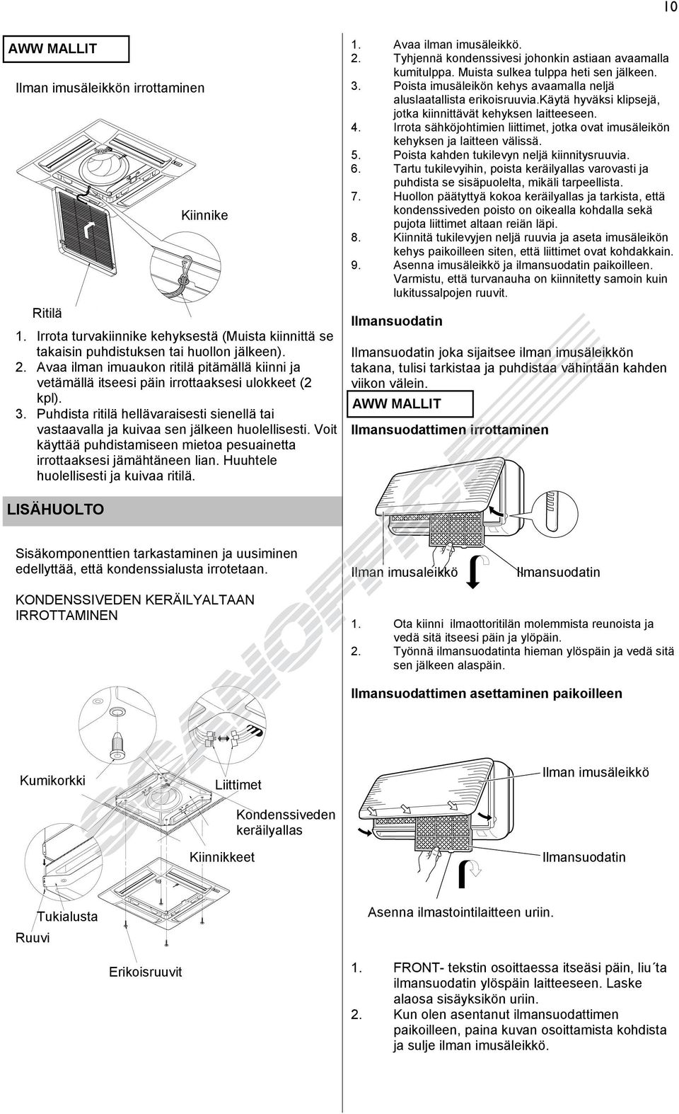 Voit käyttää puhdistamiseen mietoa pesuainetta irrottaaksesi jämähtäneen lian. Huuhtele huolellisesti ja kuivaa ritilä. 1. Avaa ilman imusäleikkö. 2.