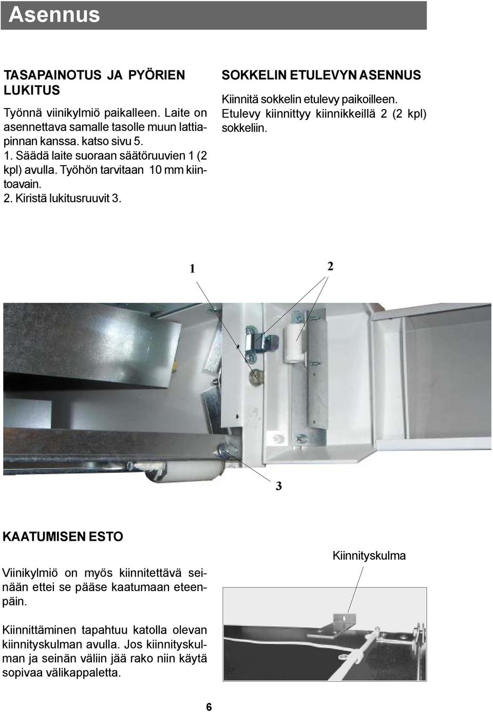 SOKKELIN ETULEVYN ASENNUS Kiinnitä sokkelin etulevy paikoilleen. Etulevy kiinnittyy kiinnikkeillä 2 (2 kpl) sokkeliin.