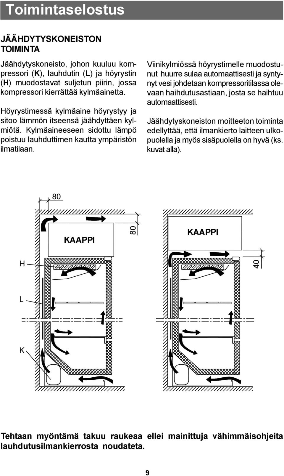 Viinikylmiössä höyrystimelle muodostunut huurre sulaa automaattisesti ja syntynyt vesi johdetaan kompressoritilassa olevaan haihdutusastiaan, josta se haihtuu automaattisesti.