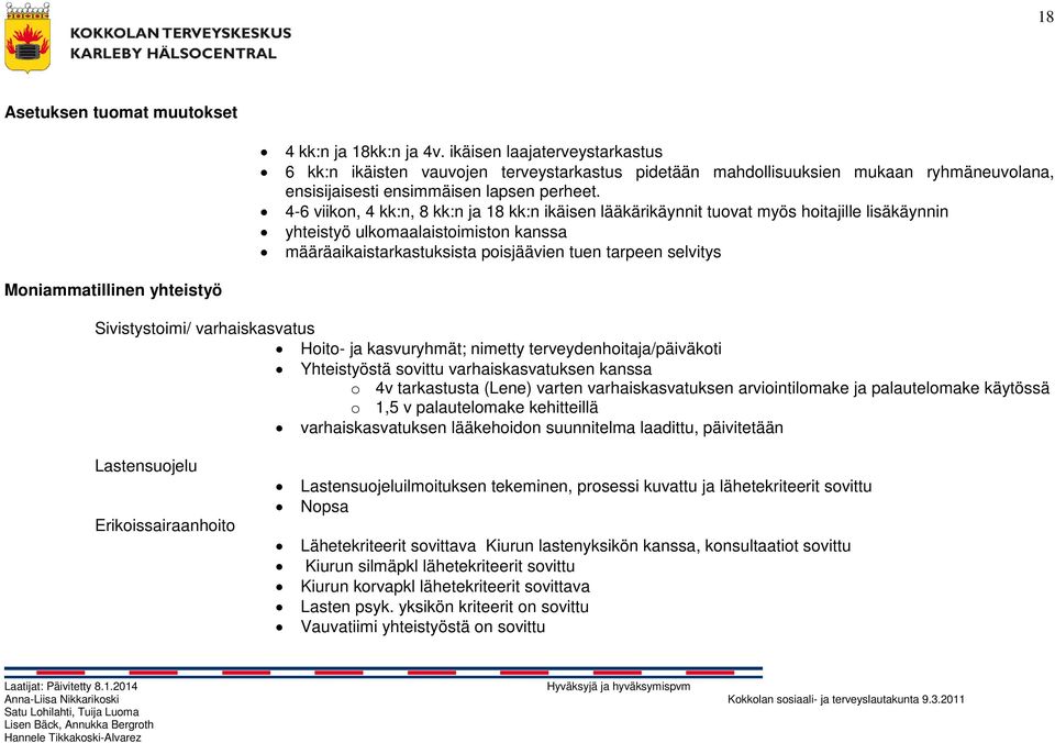 4-6 viikon, 4 kk:n, 8 kk:n ja 18 kk:n ikäisen lääkärikäynnit tuovat myös hoitajille lisäkäynnin yhteistyö ulkomaalaistoimiston kanssa määräaikaistarkastuksista poisjäävien tuen tarpeen selvitys