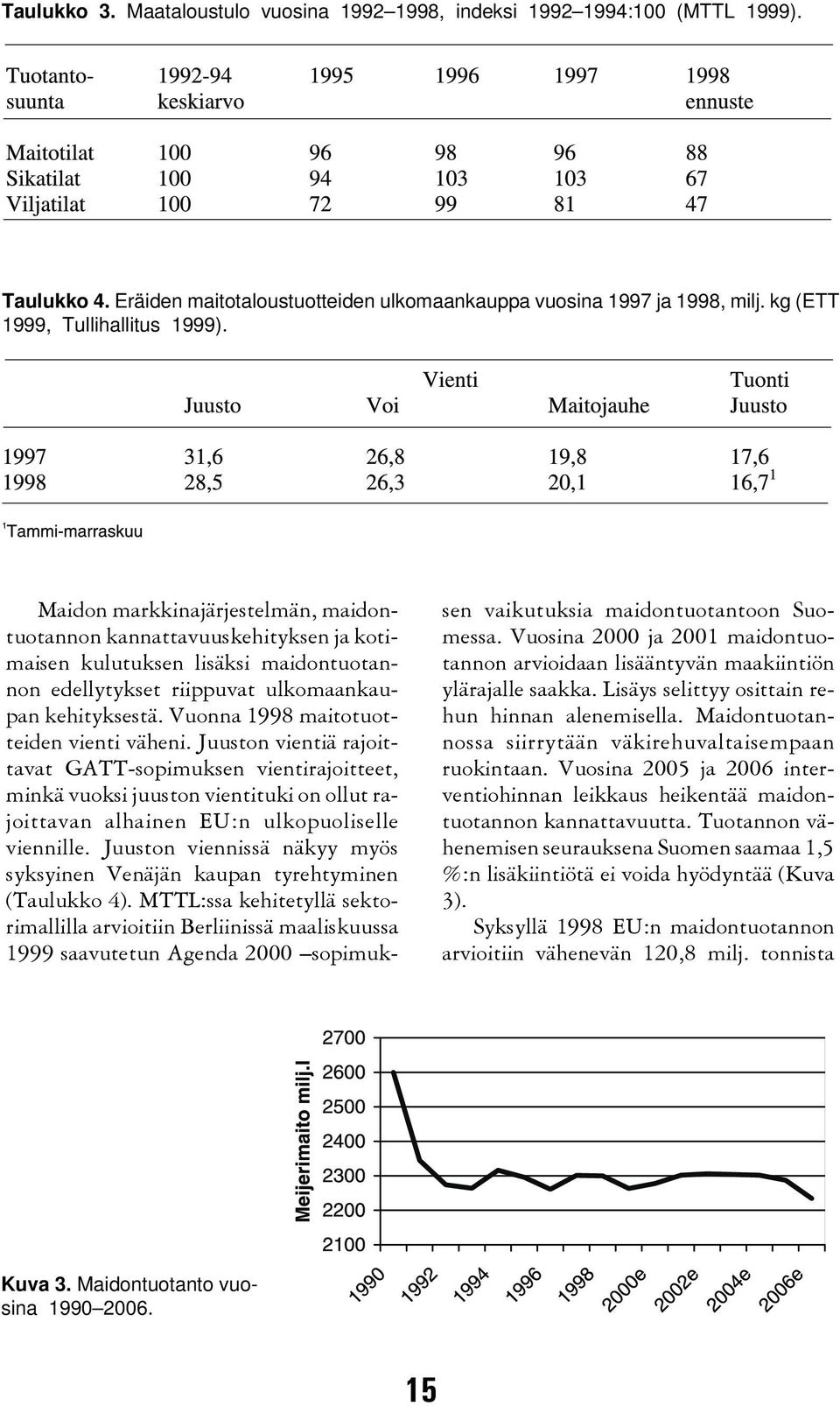 Vuonna 1998 maitotuotteiden vienti väheni. Juuston vientiä rajoittavat GATT-sopimuksen vientirajoitteet, minkä vuoksi juuston vientituki on ollut rajoittavan alhainen EU:n ulkopuoliselle viennille.