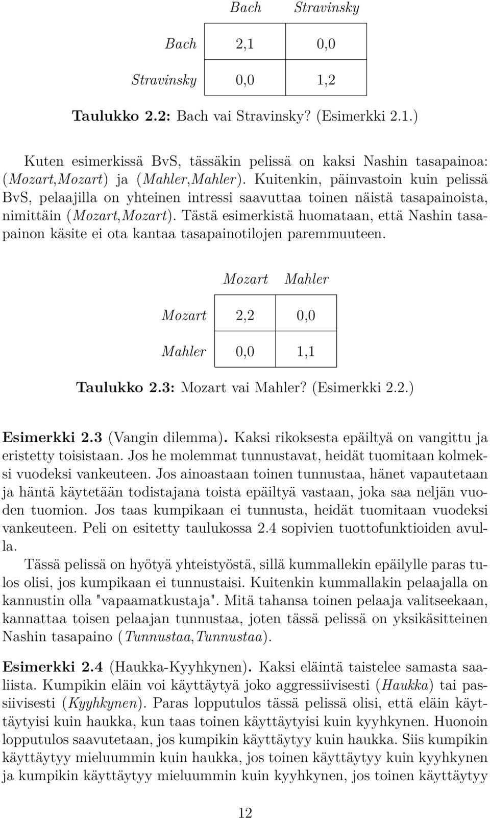 Tästä esimerkistä huomataan, että Nashin tasapainon käsite ei ota kantaa tasapainotilojen paremmuuteen. Mozart Mahler Mozart 2,2 0,0 Mahler 0,0 1,1 Taulukko 2.3: Mozart vai Mahler? (Esimerkki 2.2.) Esimerkki 2.