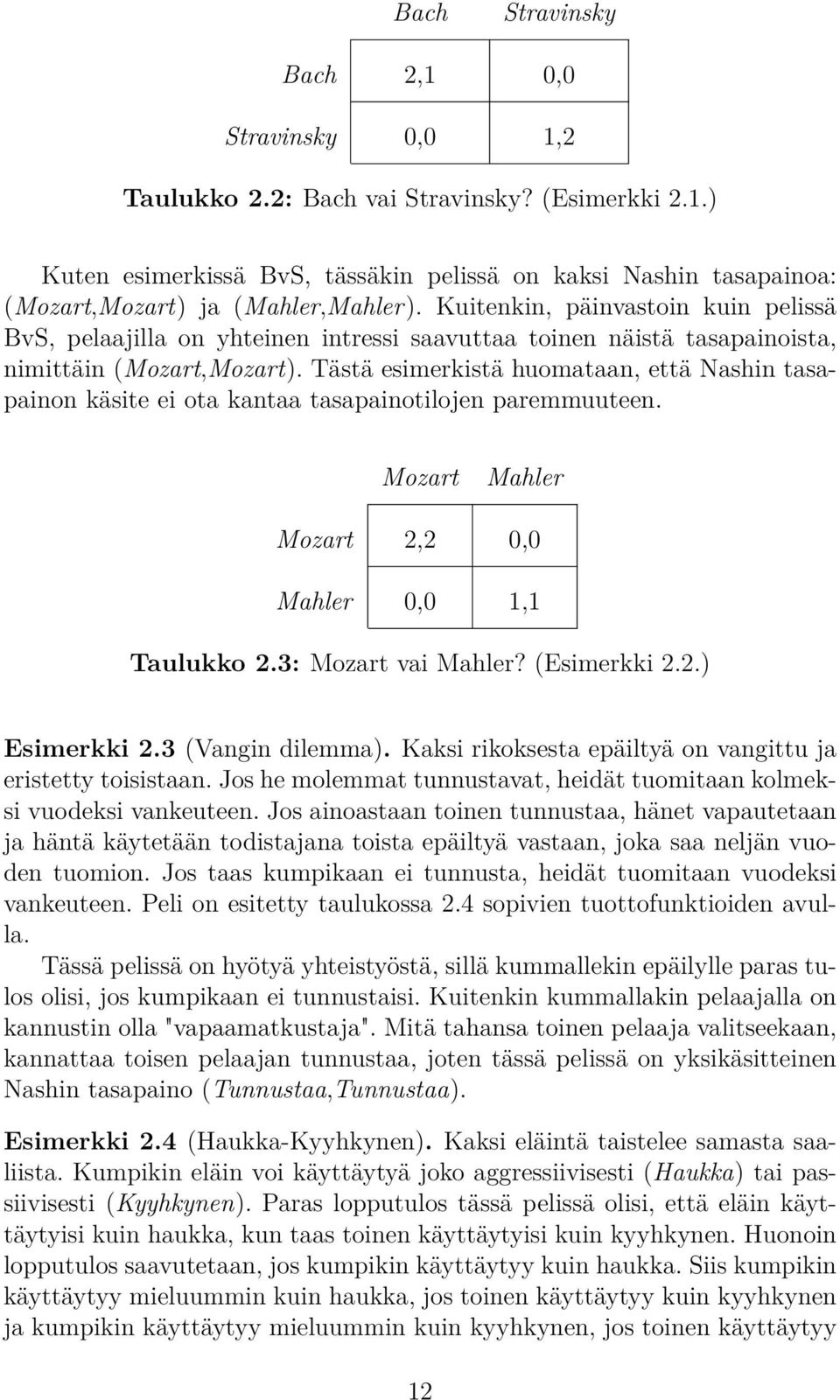 Tästä esimerkistä huomataan, että Nashin tasapainon käsite ei ota kantaa tasapainotilojen paremmuuteen. Mozart Mahler Mozart 2,2 0,0 Mahler 0,0 1,1 Taulukko 2.3: Mozart vai Mahler? (Esimerkki 2.2.) Esimerkki 2.