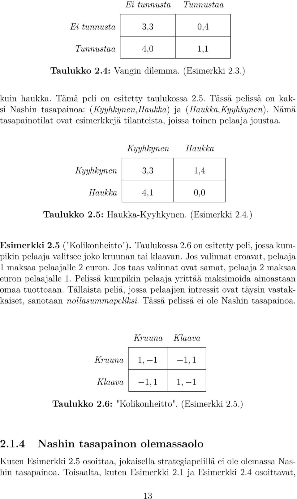 Kyyhkynen Haukka Kyyhkynen 3,3 1,4 Haukka 4,1 0,0 Taulukko 2.5: Haukka-Kyyhkynen. (Esimerkki 2.4.) Esimerkki 2.5 ("Kolikonheitto"). Taulukossa 2.