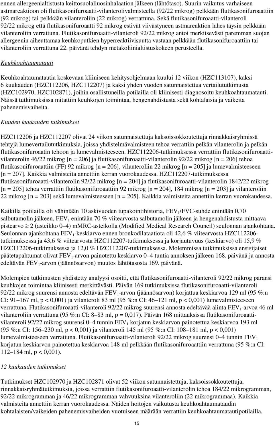 Sekä flutikasonifuroaatti-vilanteroli 92/22 mikrog että flutikasonifuroaatti 92 mikrog estivät viivästyneen astmareaktion lähes täysin pelkkään vilanteroliin verrattuna.