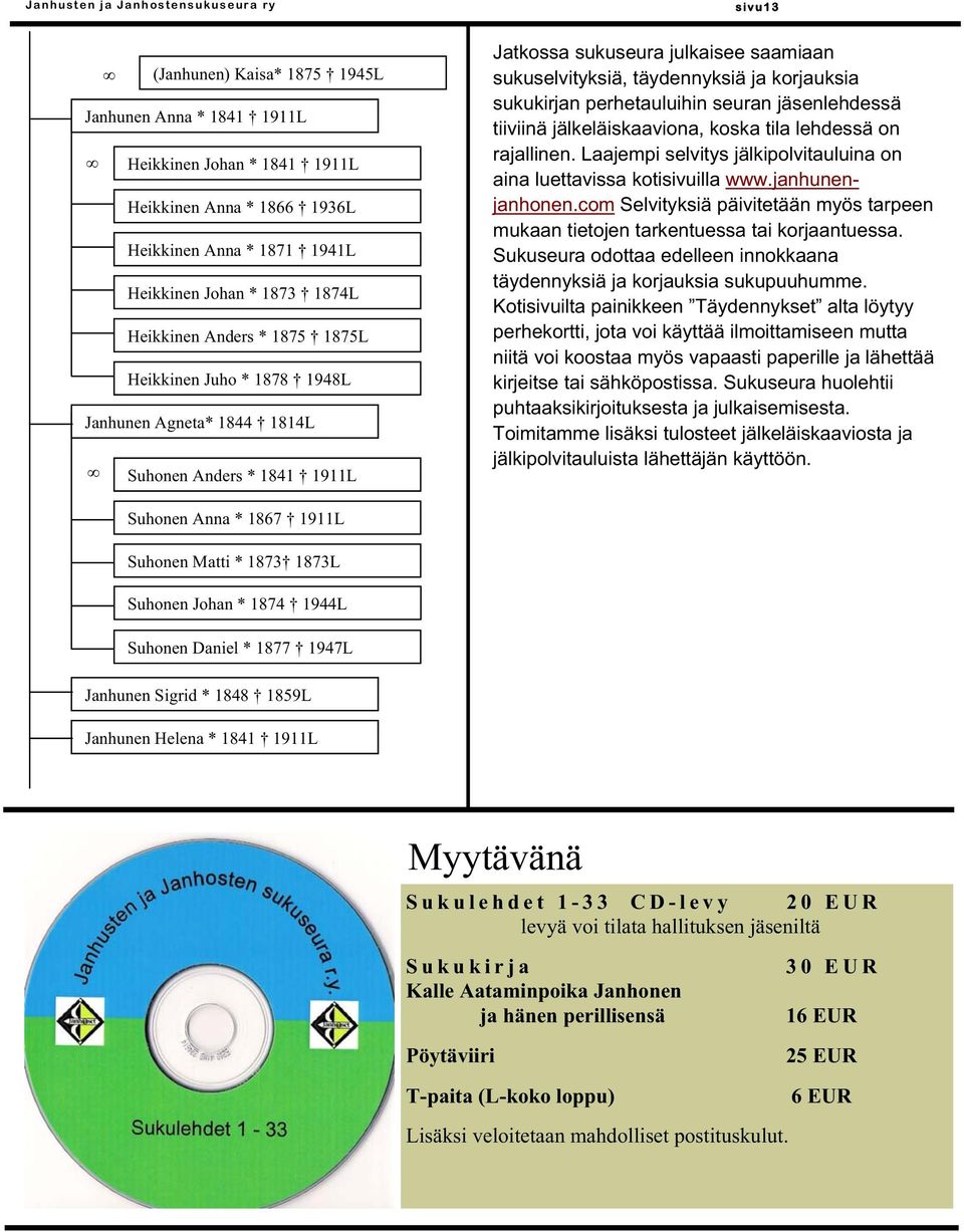 täydennyksiä ja korjauksia sukukirjan perhetauluihin seuran jäsenlehdessä tiiviinä jälkeläiskaaviona, koska tila lehdessä on rajallinen.