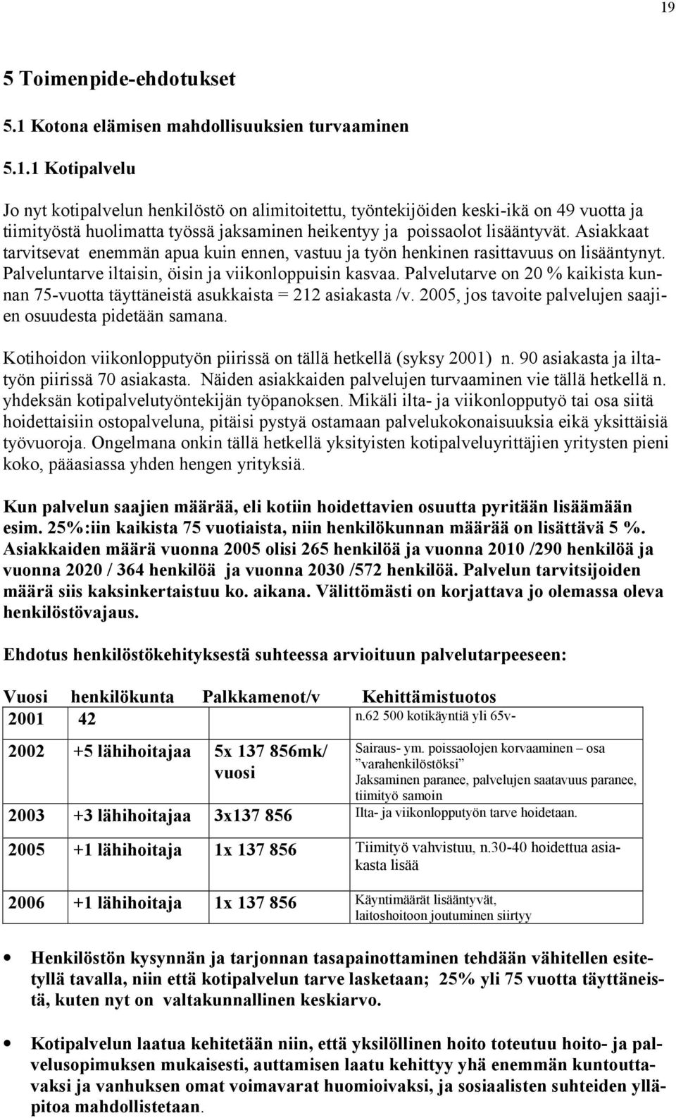 Palvelutarve on 20 % kaikista kunnan 75-vuotta täyttäneistä asukkaista = 212 asiakasta /v. 2005, jos tavoite palvelujen saajien osuudesta pidetään samana.