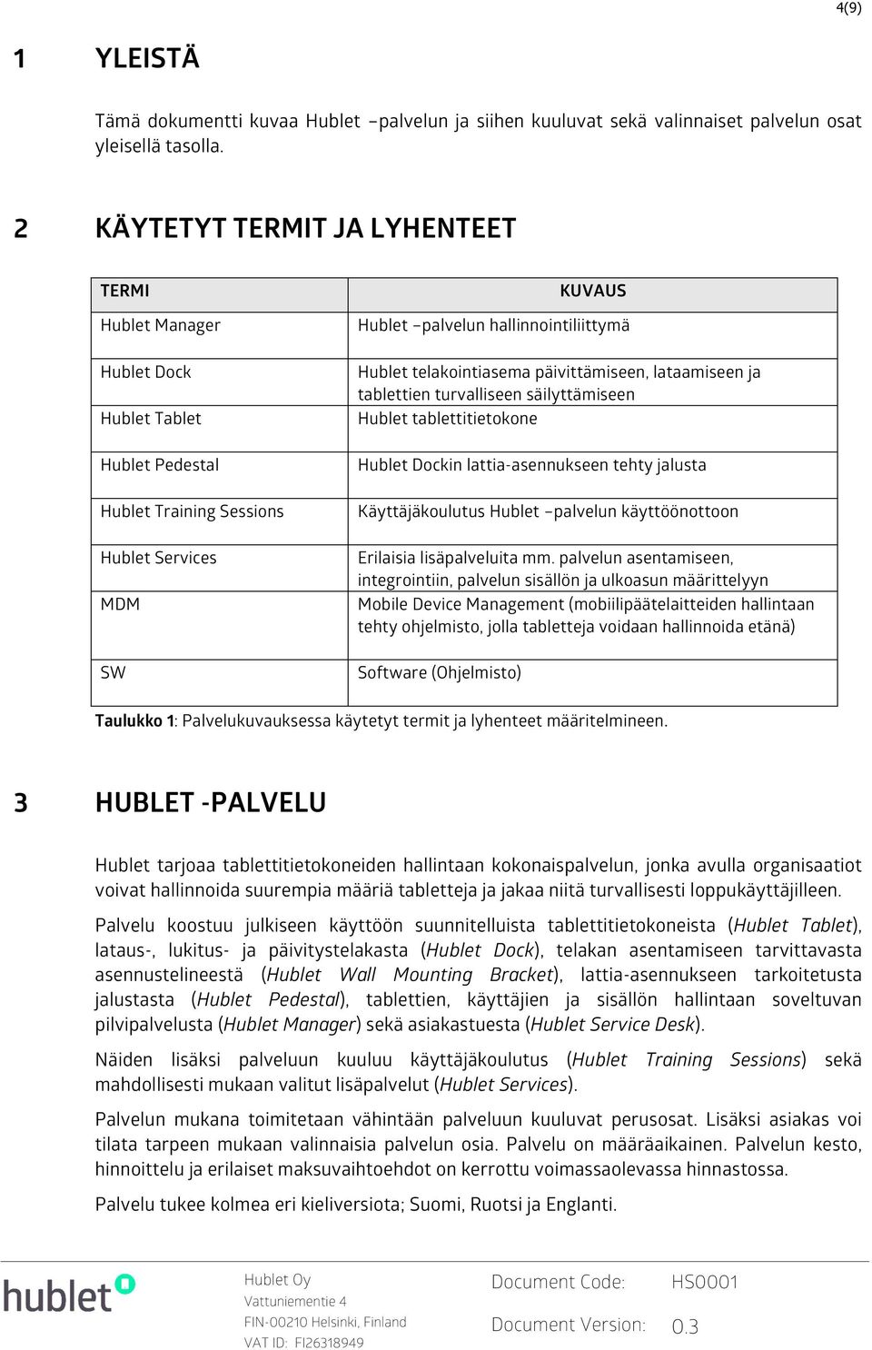säilyttämiseen Hublet tablettitietokone Hublet Pedestal Hublet Dockin lattia-asennukseen tehty jalusta Hublet Training Sessions Käyttäjäkoulutus Hublet palvelun käyttöönottoon Hublet Services MDM