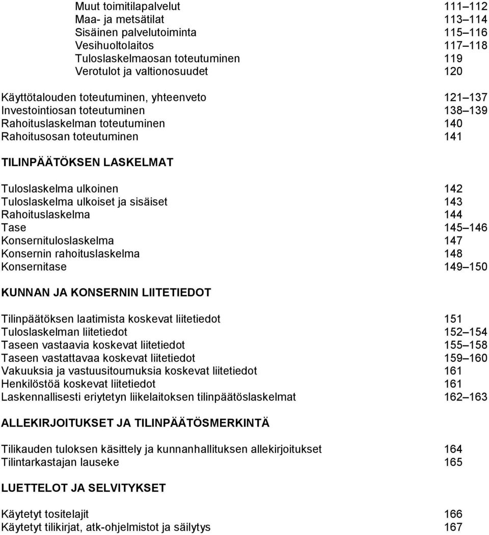 Tuloslaskelma ulkoiset ja sisäiset 143 Rahoituslaskelma 144 Tase 145 146 Konsernituloslaskelma 147 Konsernin rahoituslaskelma 148 Konsernitase 149 150 KUNNAN JA KONSERNIN LIITETIEDOT Tilinpäätöksen