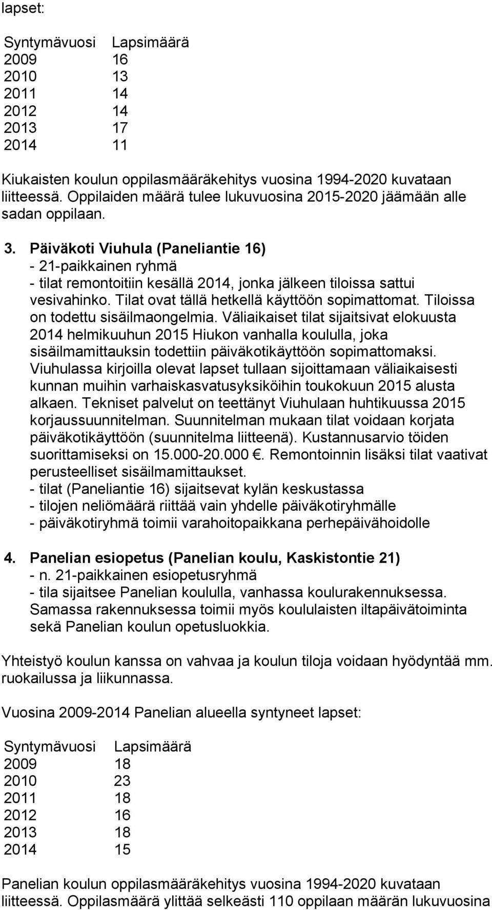 Päiväkoti Viuhula (Paneliantie 16) - 21-paikkainen ryhmä - tilat remontoitiin kesällä 2014, jonka jälkeen tiloissa sattui vesivahinko. Tilat ovat tällä hetkellä käyttöön sopimattomat.