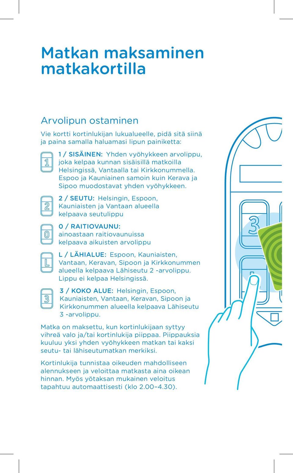 2 / SEUTU: Helsingin, Espoon, Kauniaisten ja Vantaan alueella kelpaava seutulippu 0 / RAITIOVAUNU: ainoastaan raitiovaunuissa kelpaava aikuisten arvolippu L / LÄHIALUE: Espoon, Kauniaisten, Vantaan,