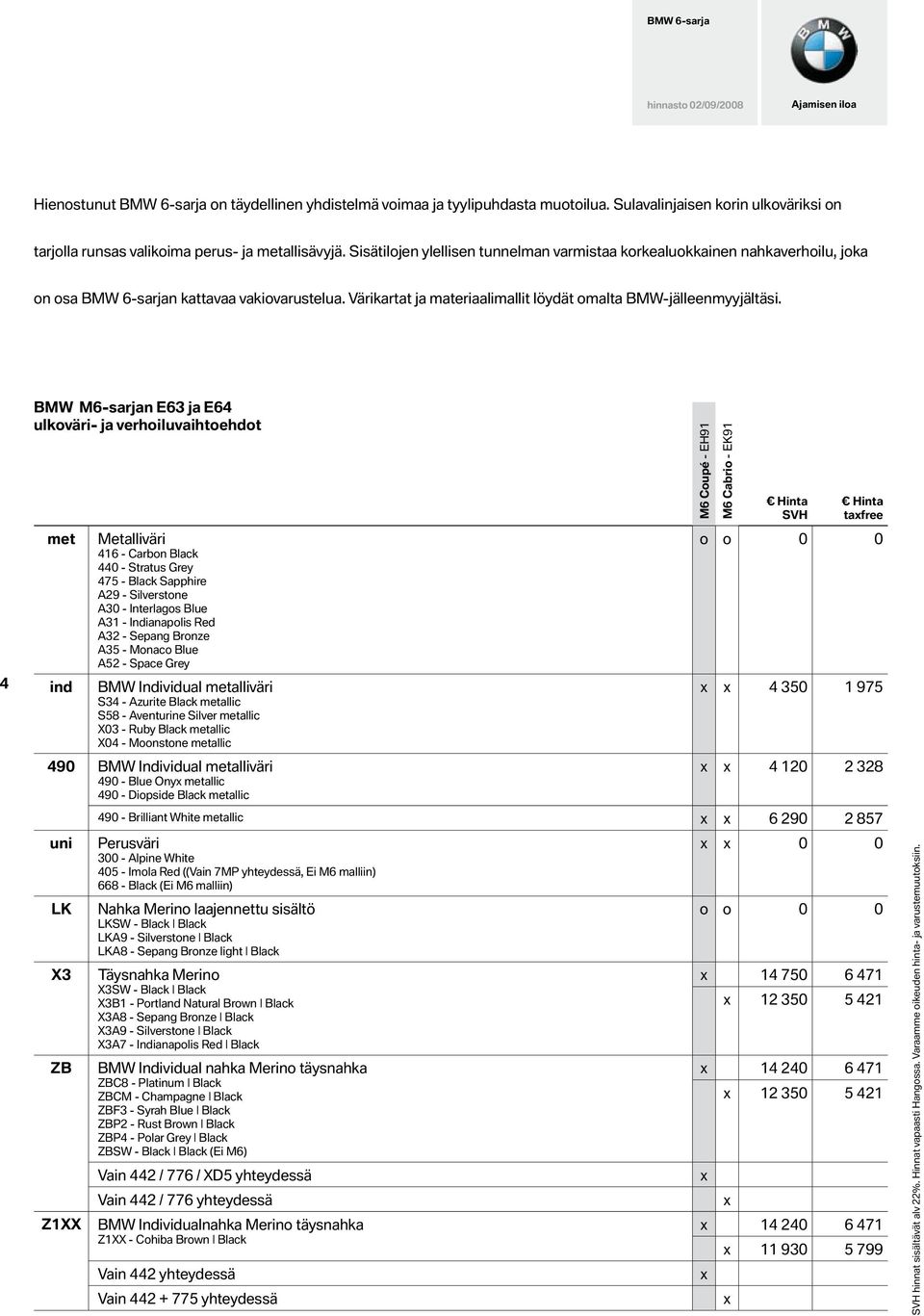 Sisätilojen ylellisen tunnelman varmistaa korkealuokkainen nahkaverhoilu, joka on osa BMW 6-sarjan kattavaa vakiovarustelua. Värikartat ja materiaalimallit löydät omalta BMW-jälleenmyyjältäsi.