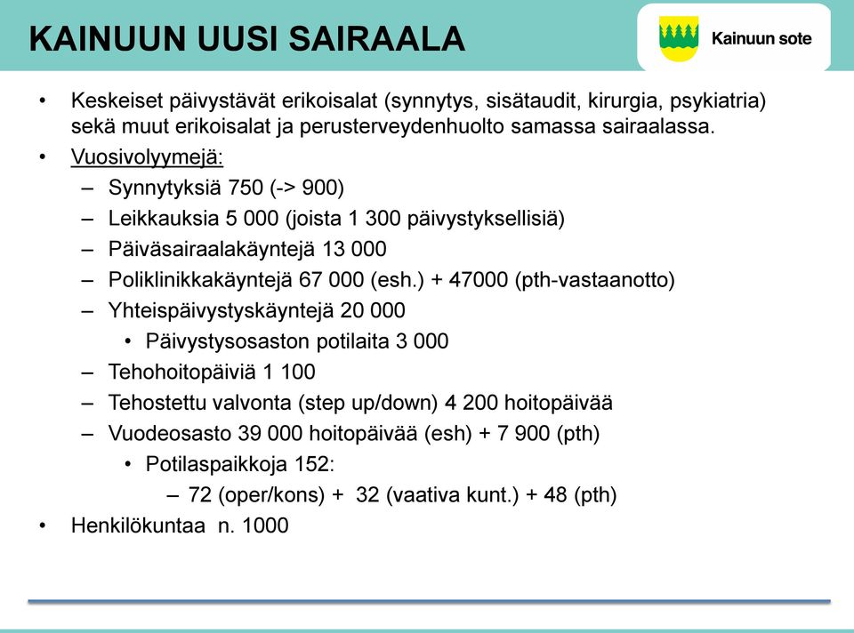 Vuosivolyymejä: Synnytyksiä 750 (-> 900) Leikkauksia 5 000 (joista 1 300 päivystyksellisiä) Päiväsairaalakäyntejä 13 000 Poliklinikkakäyntejä 67 000 (esh.