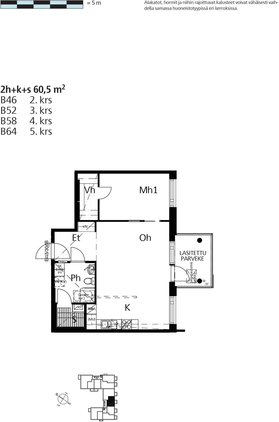 krs 60,5 m 2 58 46, 4. krs 2. krs 64 52, 5. krs 3. krs 58, 4. krs 64, 5.