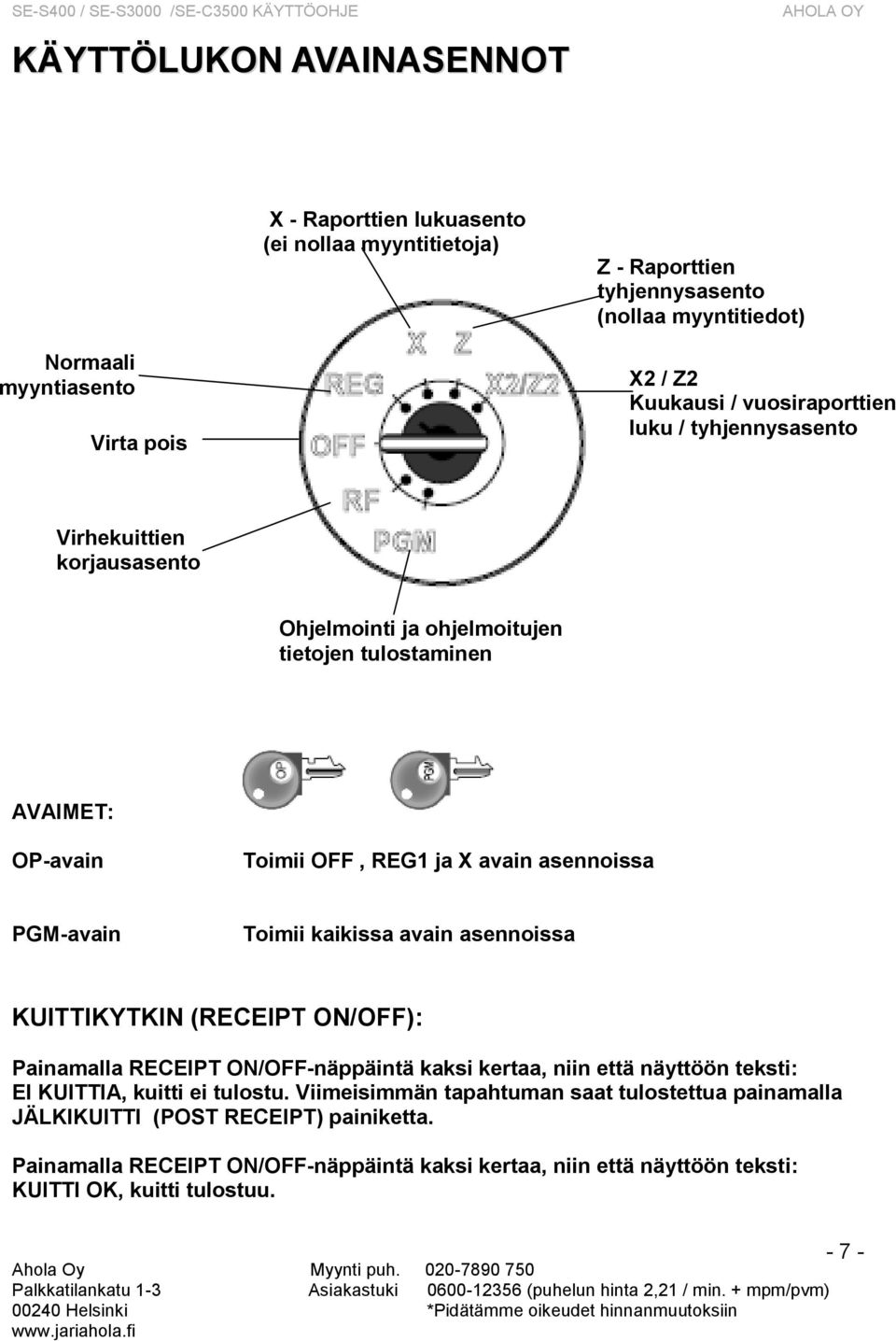 Toimii kaikissa avain asennoissa KUITTIKYTKIN (RECEIPT ON/OFF): Painamalla RECEIPT ON/OFF-näppäintä kaksi kertaa, niin että näyttöön teksti: EI KUITTIA, kuitti ei tulostu.