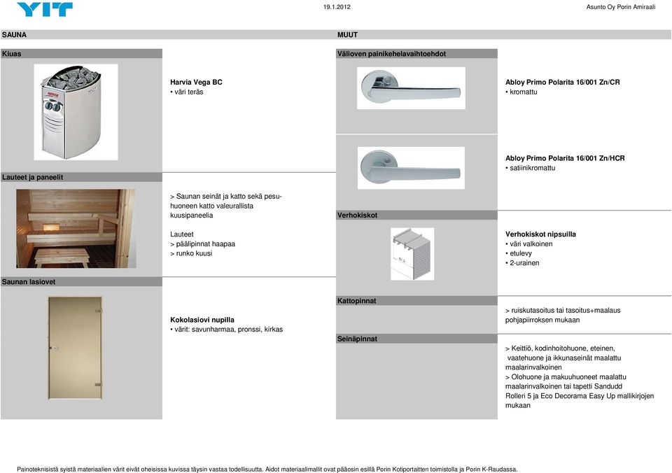 etulevy 2-urainen Saunan lasiovet Kokolasiovi nupilla värit: savunharmaa, pronssi, kirkas Kattopinnat Seinäpinnat > ruiskutasoitus tai tasoitus+maalaus pohjapiirroksen mukaan > Keittiö,